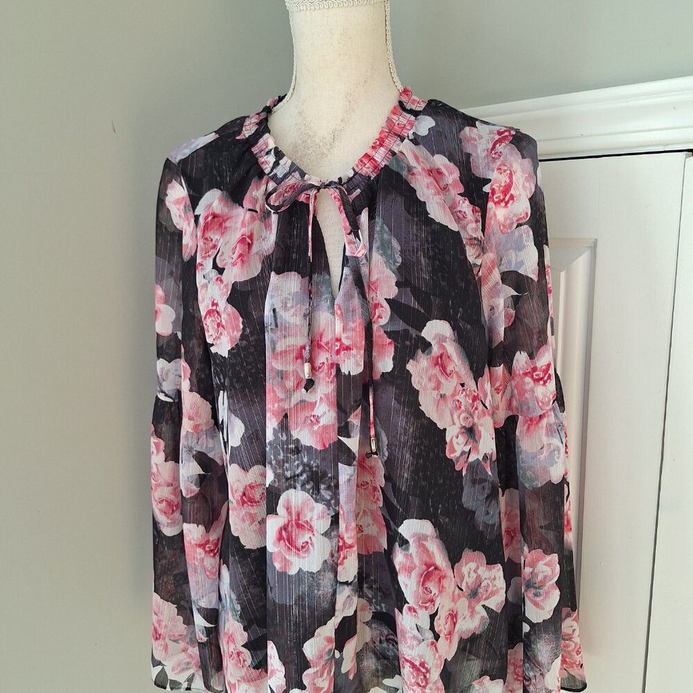 Jennifer Lopez Floral Metallic Blouse Shirt Top Size XL - Picture 2 of 7